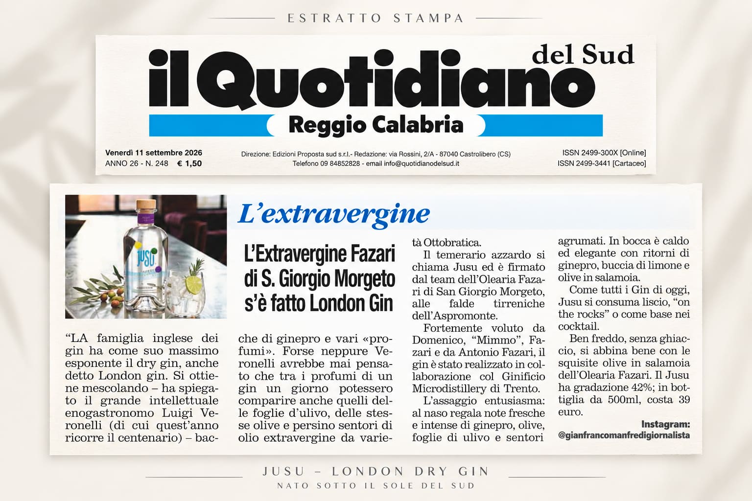 L’Extravergine Fazari di S.Giorgio Morgeto s’è fatto London Gin